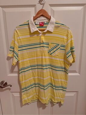 Puma Y2K Men’s Sport Lifestyle Polo XL Yellow Green Stripe Dry Cell Vintage EUC